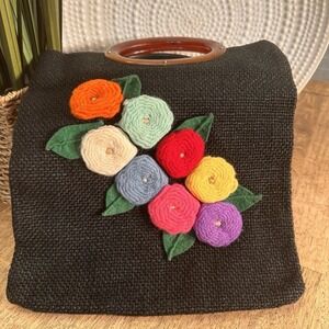 Vintage Handmade Bag with Brown Circle Handles Black with Bright Crochet Flowers